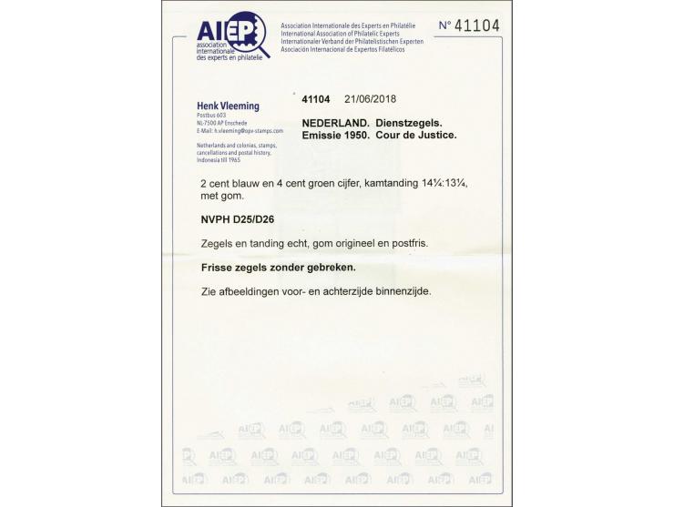 Cour Internationale de Justice 2 cent blauw en 4 cent olijfgroen met certificaat Vleeming 2018, cat.w. 750