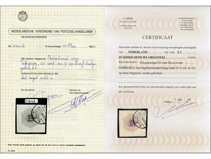 25 cent lila en zwart met dagtekenstempel op fragment, pracht ex. met certificaten NVPH 1983 en Muis 2009, cat.w. 1600+