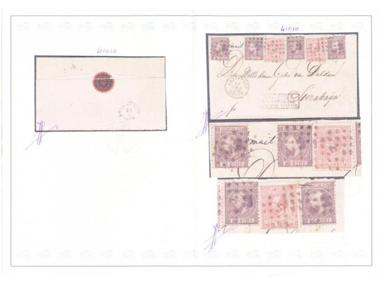 25 cent donkerviolet type I tanding 12¾ x 11¾ (4x) en emissie 1872 10 cent rood tanding 12½ x 12 grote gaten op vouwbrief van