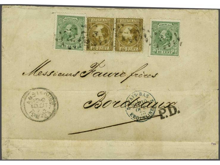50 cent goudkleur type I tanding 12¾ x 11¾ in paar en emissie 1872 20 cent groen tanding 12½ x 12 kleine gaten (2x) op briefo