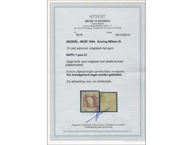 10 cent wijnrood pos. 31, pracht ex. met certificaat Vleeming 2015: Enkele afgesprongen gomdeeltjes overigens fris breedgeran