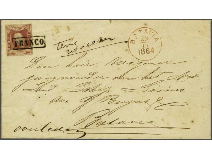 10 cent wijnrood op envelop lokaal te Batavia 29-11-1864 met geschreven terug zenden, overleden, vrijwel pracht ex. (zegel re