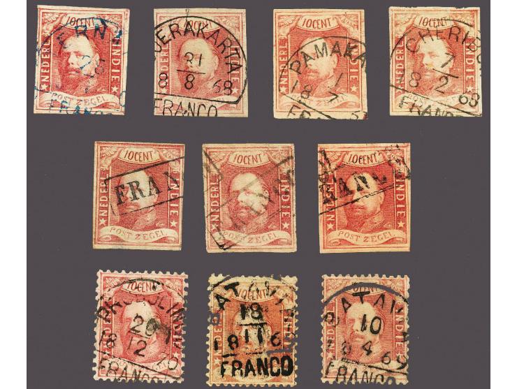 10 cent wijnrood (7 ex.) w.b. Cheribon, Pamakassan, Ternate en 10 cent karmijnrood (3 ex.) met Batavia (2x) en Probolingo, me
