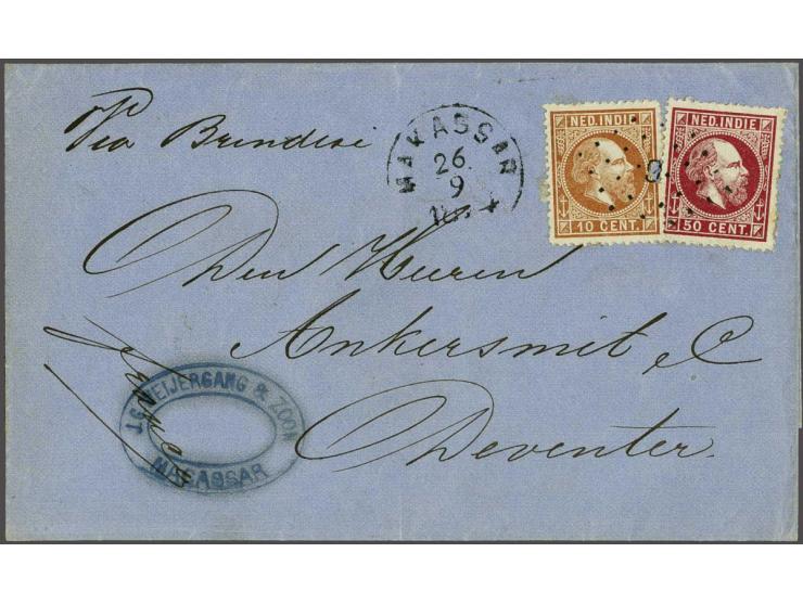 Willem III 10 cent oranjebruin tanding 13¼ x 14 kleine gaten en 50 cent karmijn tanding 13¼ x 14 op envelop van Makasser 26-9
