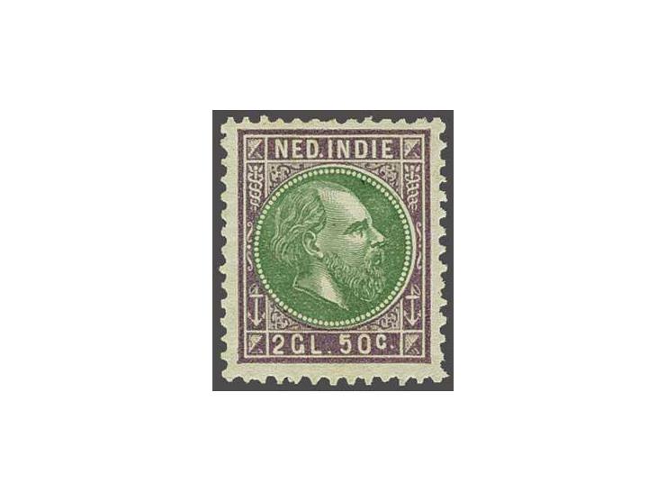 2½ gulden violet en groen tanding 12½ x 12 grote gaten, nagenoeg postfris, cat.w. 135+