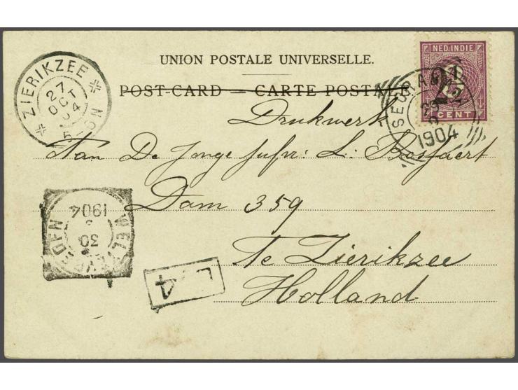 Hulpuitgifte 2½ op 3 cent lila met vierkantstempel Seorabaja (SvL 225) op prentbriefkaart 29-9-1904 naar Zierikzee, pracht ex