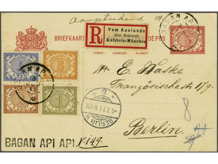 Cijfer 1 cent olijfgroen, 2 cent bruin, 3 cent oranje en 4 cent ultramarijn op aangetekende briefkaart G. 17 met grootrondste