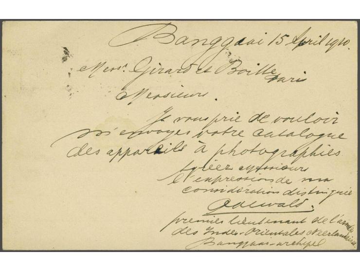 Briefkaart Cijfer 5 cent karmijn met langstempel Banggaai (SvL RRR, volgens Bulterman onbekend op poststuk) 15-4-1910 via Par