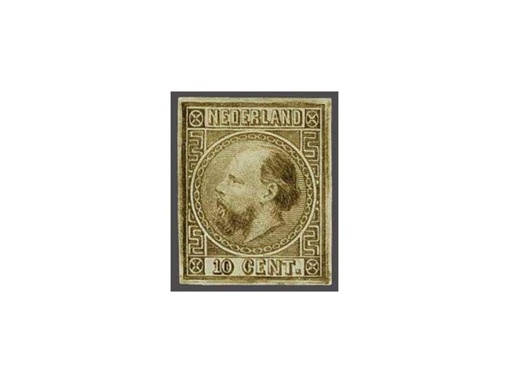 Ongetande kleurproef 10 cent type I door J.W. van Kempen te Voorschoten in geelbruin, pracht ex.