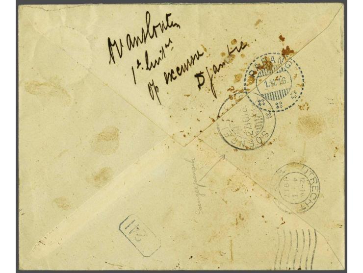 Wilhelmina 10 cent grijszwart met kortebalkstempel Bangko (SvL R) 13-10-1916 op envelop via Soengeipenoeh en Padang naar Utre