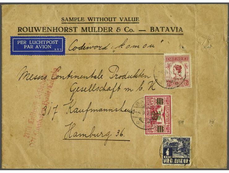 2½ gulden Wilhelmina met 1 cent karbouw en 30 op 10 cent luchtpost, op sample without value (monster zonder waarde) Batavia-H