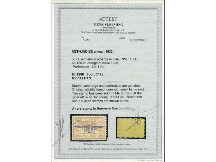 50 cent op 150 cent oranje met variëteit kopstaand vliegtuig, vrijwel pracht ex. (achterzijde tropisch) met certificaat Vleem