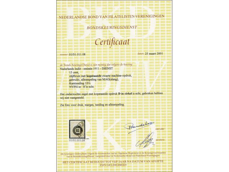 15 cent olijfbruin met variëteit kopstaande opdruk, pracht ex. met certificaat Ned. Bond 2001, cat.w. 350