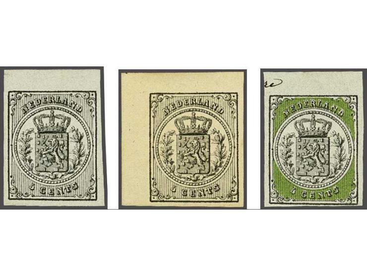 Plaatproef 5 cents met hoger wapenschild en grotere kroon door Joh. Enschedé & Zonen te Haarlem in zwart op grijs getint kart