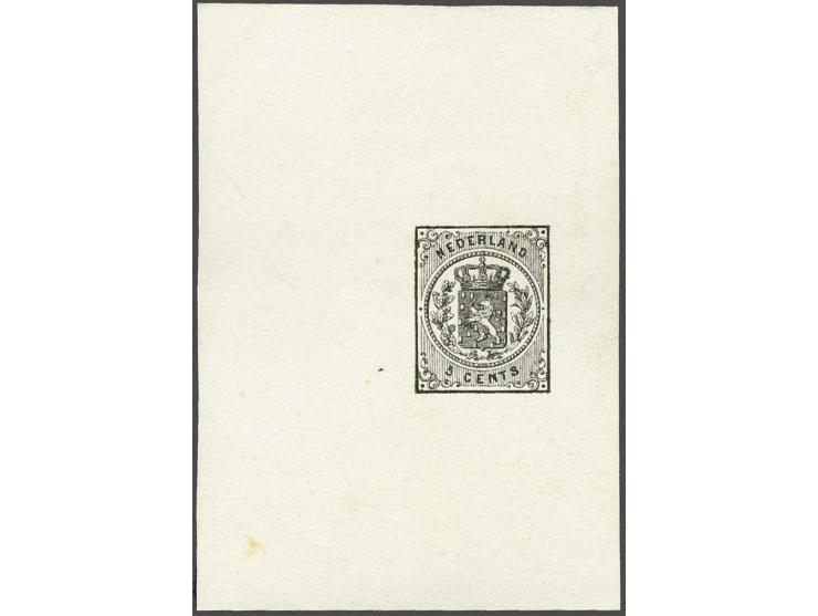 Proef 5 cents met kleinere letters en leeuw met kop achterover door Joh. Enschedé & Zonen te Haarlem in zwart op dik papier, 