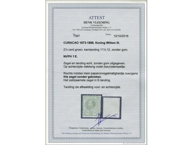2½ cent groen tanding 11½ x 12, pracht ex. (violet stempeltje achterzijde en rechts 2 iets kortere tandjes) met certificaat V