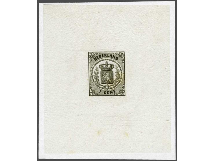 Proef 1 cent zwart met eikentakken vrij van de kroon op zeer dun papier, vrijwel pracht ex. (enkele minieme oxydatieplekjes) 
