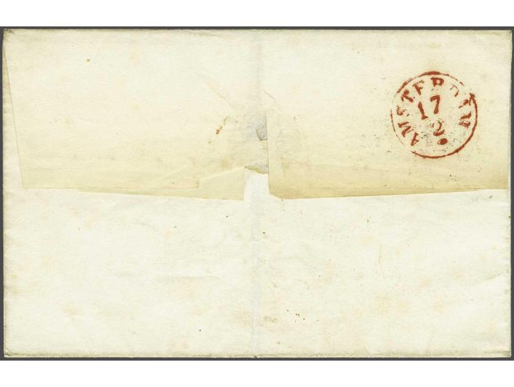 Ongedateerde briefomslag naar Amsterdam met cursief stempel Posterij Suriname en ovaal stempel Zee-Brief Den-Helder in rood e