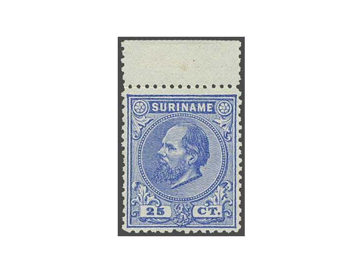 25 cent ultramarijn tanding 14 kleine gaten met velrand, pracht ex. met certificaat Moeijes 1993, cat.w. 350