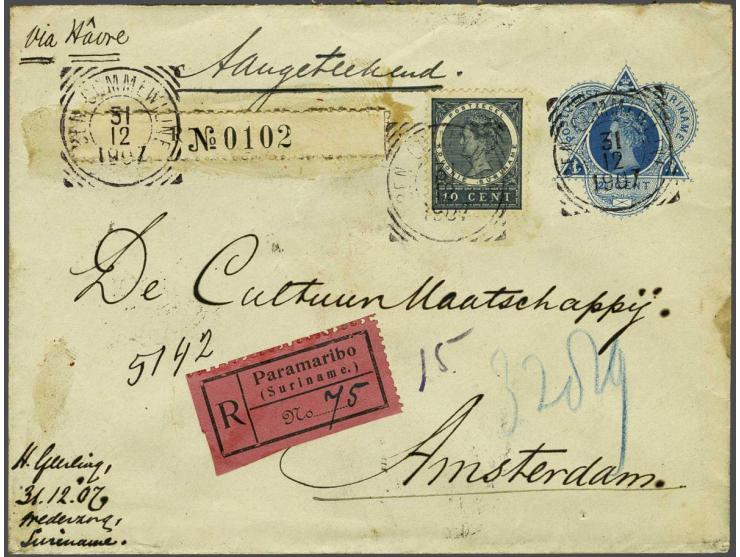 Veth 10 cent violetgrijs op aangetekende envelop G. 6 met rivierbootstrookje type 2 van Beneden Commewijne (zie Erfmann/Stuut