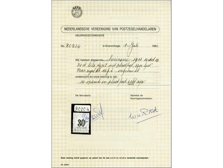 Hulpuitgifte 10 op 30 cent met plaatfout Open lijst. pracht ex. met certificaat NVPH 1980, cat.w. 500