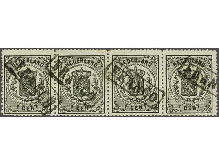 1 cent zwart in strip van 4, vrijwel pracht ex. (linker ex. 2 korte tandjes onder), cat.w. 380+