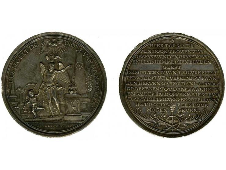 (1742) algemene penning 25-jarig huwelijksfeest door A. Holtzhey, zilver 40mm, ter gelegenheid zilveren bruiloft Simon Bernel