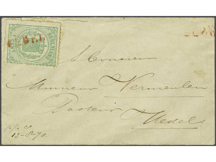 1 cent groen tanding 13¼ kleine gaten op dun papier met langstempel Hedel (Egyptisch) in rood op lokale kleinformaat envelop 