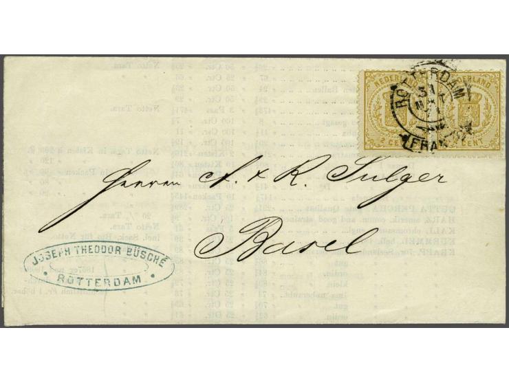 2 cent bruingeel tanding 13¼ kleine gaten op dun papier in paar op drukwerk van Rotterdam 31-3-1871 naar Basel (CH), pracht e