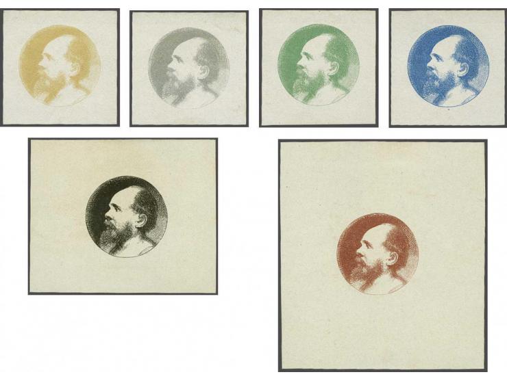 Gravure van door H.C. ten Kate getekende koningskop in cirkel in zwart op zijde-achtig papier (44½x37 mm), blauw op wit papie