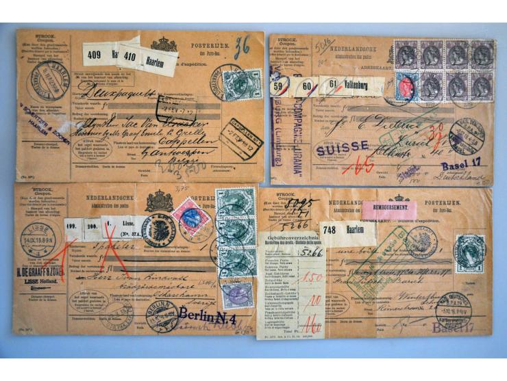 emissie Bontkraag pakketkaarten, collectie van ca. 35 ex. w.b. meng- en combinatiefrankeringen, bestemmingen etc. in ringband