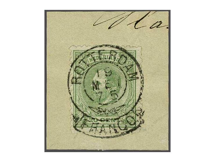 20 cent groen met luxe afdruk Rotterdam francotakjestempel op fragment, pracht ex.