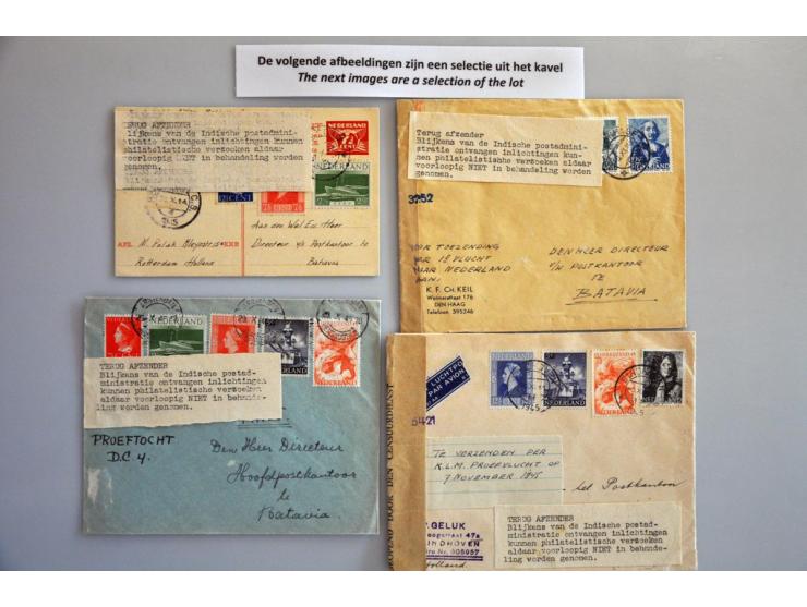 ruim 100 luchtpoststukken naar van/naar Nederl.-Indië 1945-1946 w.b. 6 met gestencilde strook terug afzenden... philatelistis