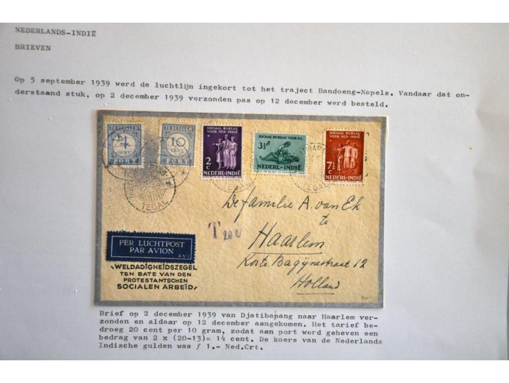 43 luchtpoststukken 1928-1939 van/naar Nederl.-Indië met port belast, vrijwel alle met beschrijving en documentatie in ringba