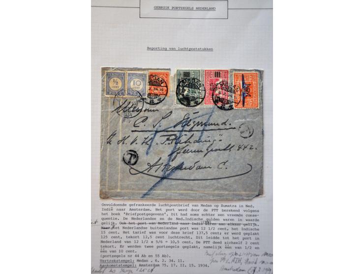 43 luchtpoststukken 1928-1939 van/naar Nederl.-Indië met port belast, vrijwel alle met beschrijving en documentatie in ringba