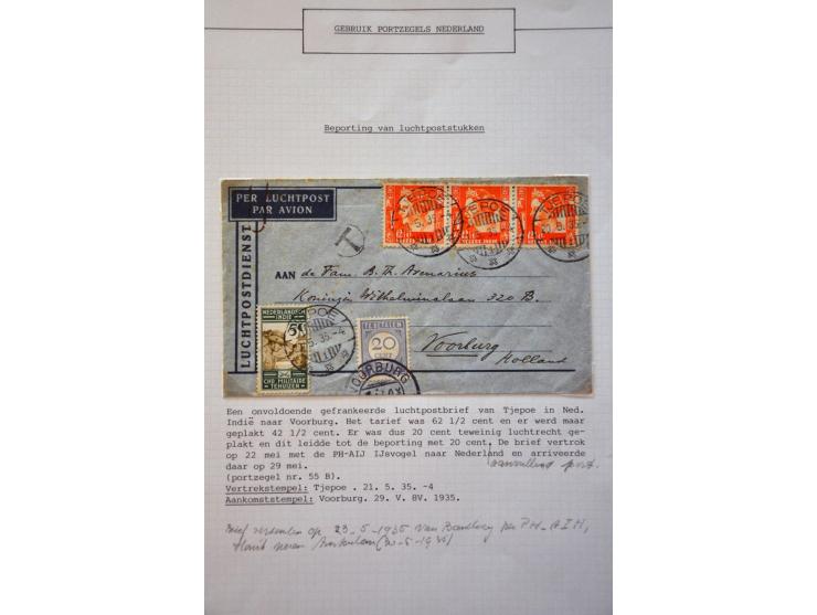 43 luchtpoststukken 1928-1939 van/naar Nederl.-Indië met port belast, vrijwel alle met beschrijving en documentatie in ringba