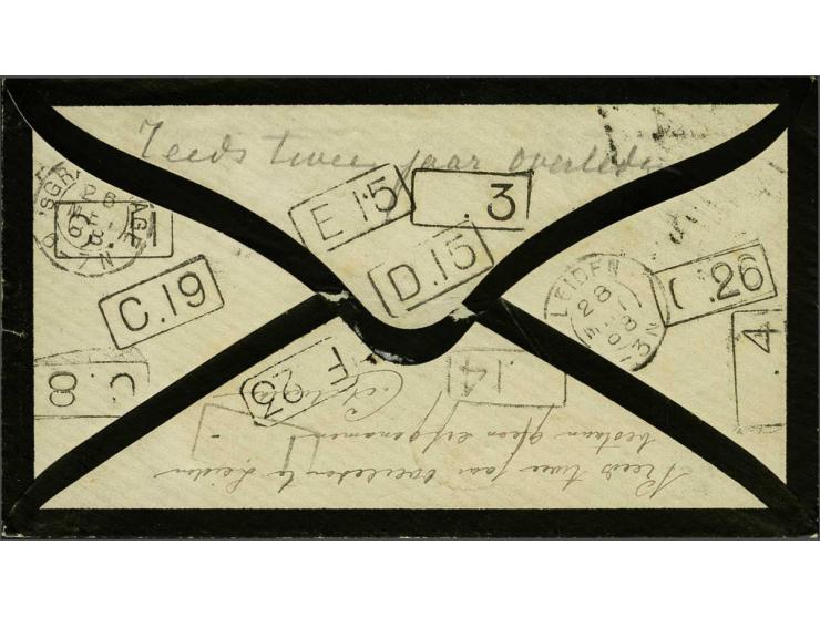 5 cent blauw tanding 12½ x 12 grote gaten op onbestelbare envelop van Den Haag 28-3-1888 naar Leiden met stempels Adm. der Po
