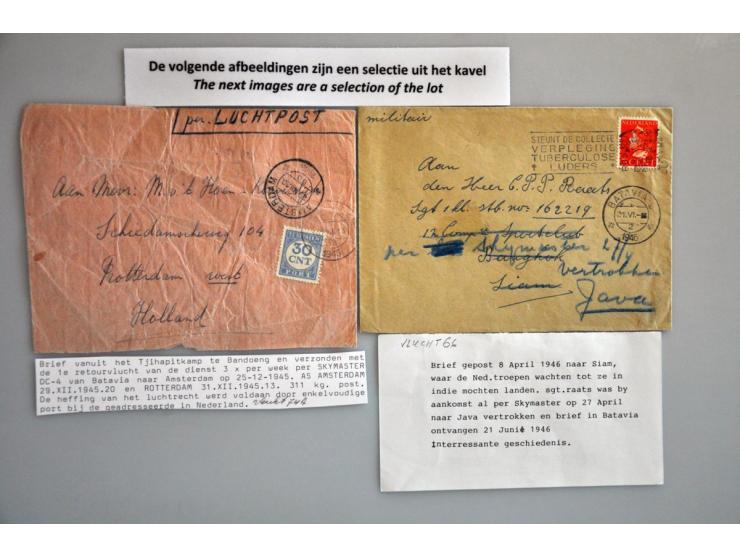 150 luchtpostenveloppen 1946-1949, gespecialiseerd op vlucht van/naar Nederl.-Indië, militair, noodstempels, retour en doorge
