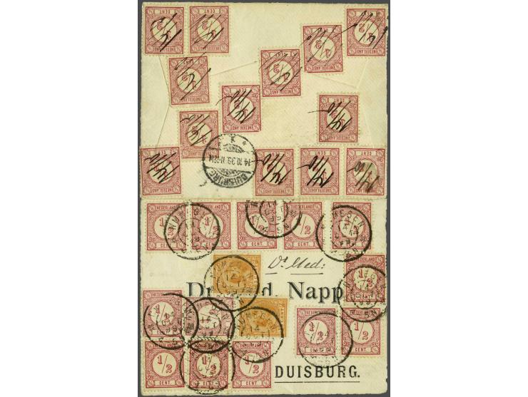 ½ cent helderrood (26x) en Hangend Haar 3 cent oranje (2x) op voor- en achterzijde van envelop van Nijmegen 14-10-1899 naar D