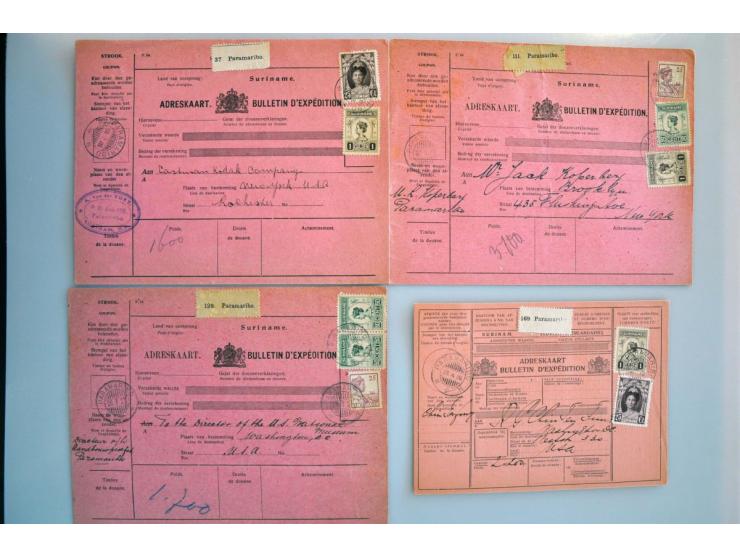 23 pakketkaarten met diverse frankeringen, alle naar de USA verzonden