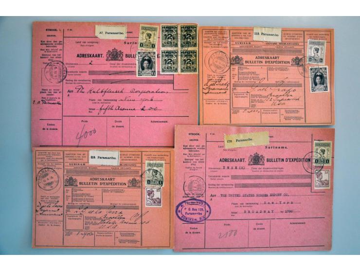 23 pakketkaarten met diverse frankeringen, alle naar de USA verzonden