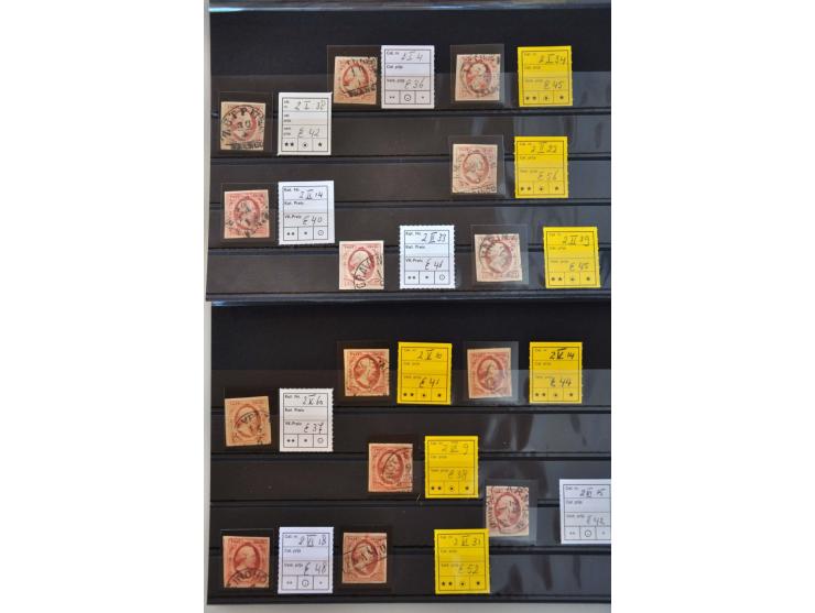 emissie 1852, nrs. 1 (63x), 2 (106x)  en 3 (6x) in over het algemeen mooie kwaliteit op insteekkaartjes