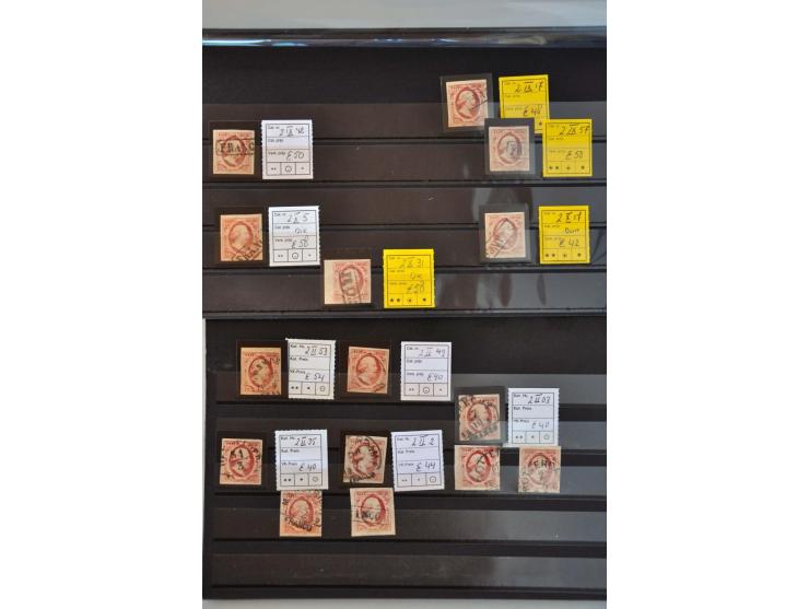 emissie 1852, nrs. 1 (63x), 2 (106x)  en 3 (6x) in over het algemeen mooie kwaliteit op insteekkaartjes
