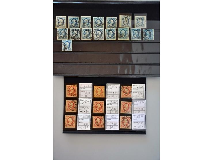 emissie 1852, nrs. 1 (63x), 2 (106x)  en 3 (6x) in over het algemeen mooie kwaliteit op insteekkaartjes