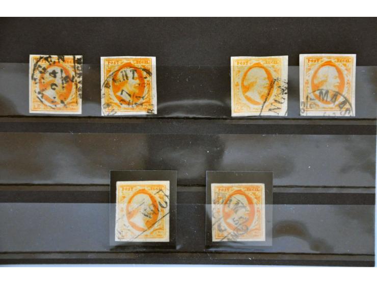 emissie 1852, nrs. 1 (63x), 2 (106x)  en 3 (6x) in over het algemeen mooie kwaliteit op insteekkaartjes