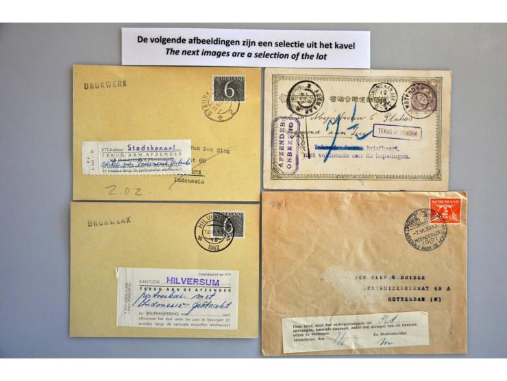 85 poststukken 1899-ca.1988, alle retour afzender wegens onbekend, straatnaam bestaat niet, labels voor bijfrankering en enke