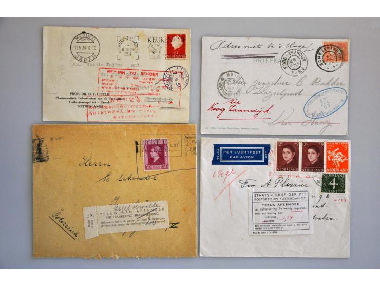 85 poststukken 1899-ca.1988, alle retour afzender wegens onbekend, straatnaam bestaat niet, labels voor bijfrankering en enke
