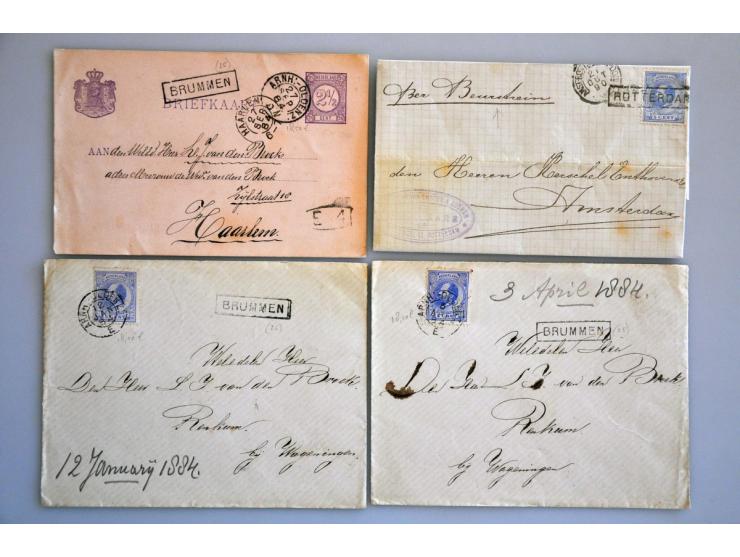 26 post(waarde)stukken met haltestempels w.b. ROTTERDAM op 5 cent nr. 19 en kleinrond AMST:ROTT(RIJNSPOOR), 2x BRUMMEN, EDE e