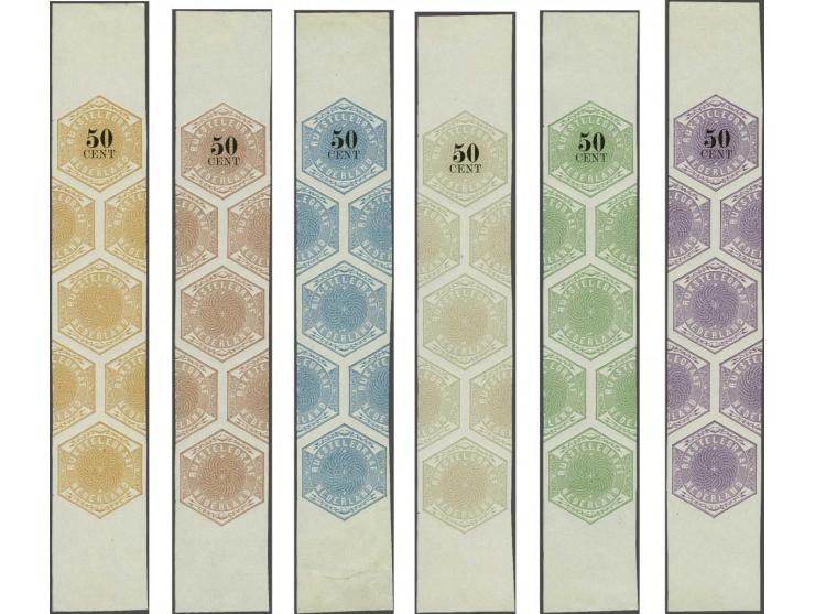 Ongetande kleurproeven 50 cent in zandkleur, oranjebruin, blauw, grijs, lila en groen alle in verticale strippen waarin telke
