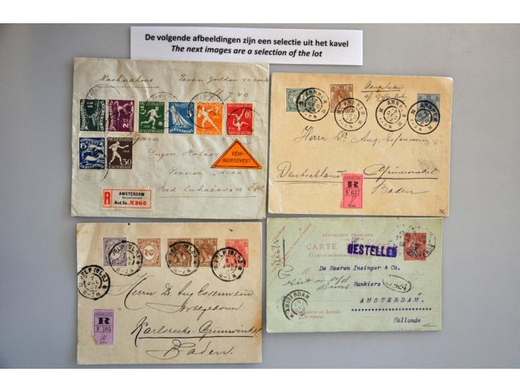 post(waarde)stukken w.b. beter materiaal o.a. Olympiade-serie 1928 op aangetekende envelop, raketvlucht Roberti Katwijk 1935 